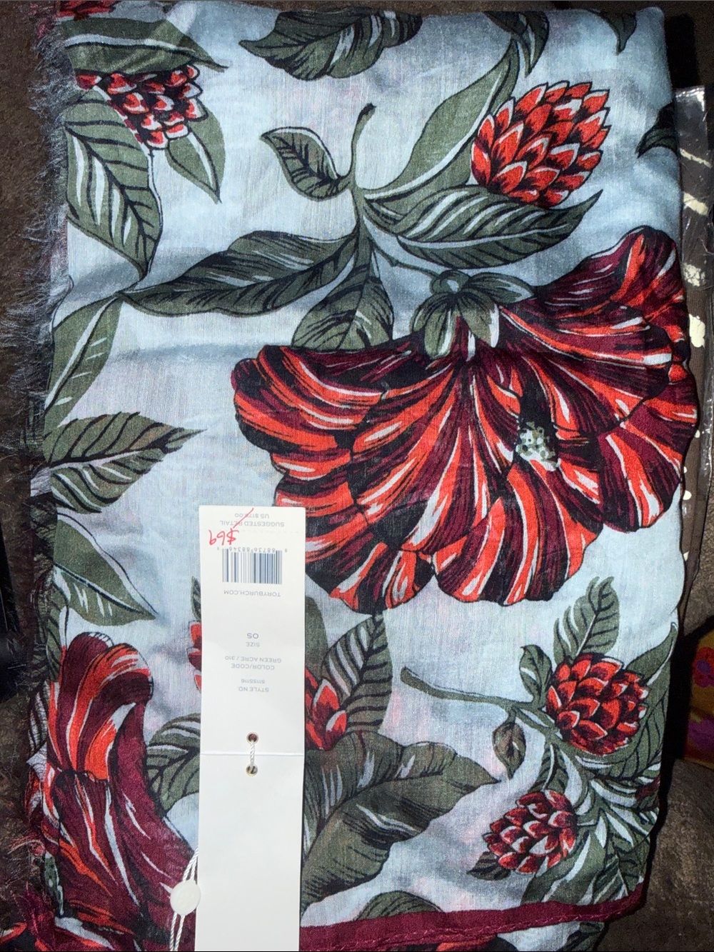 Tory Burch Printed Scarf in Green and Red Accents
